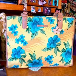 Caribbean Bag, with many pockets & Mini Coin purse; bright yellow & blue flowers